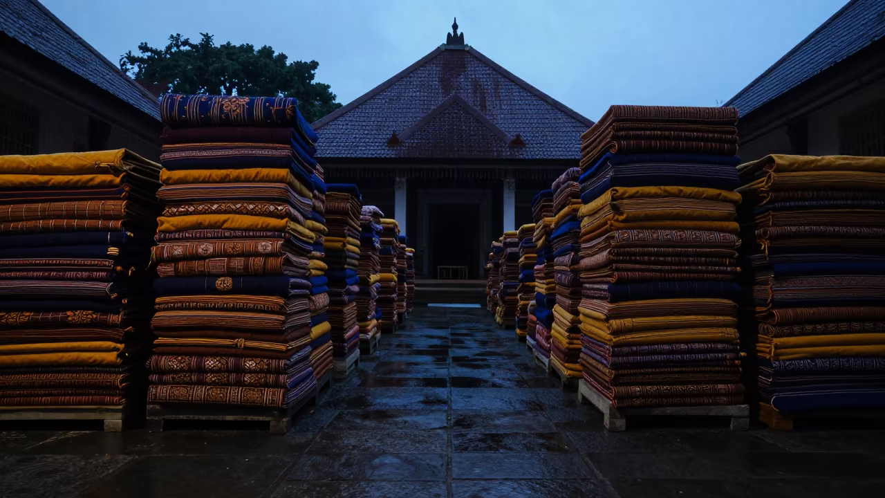 Silhouetted Batik Stacks in Javanese Twilight Market in in a prayer hall in Yogyakarta