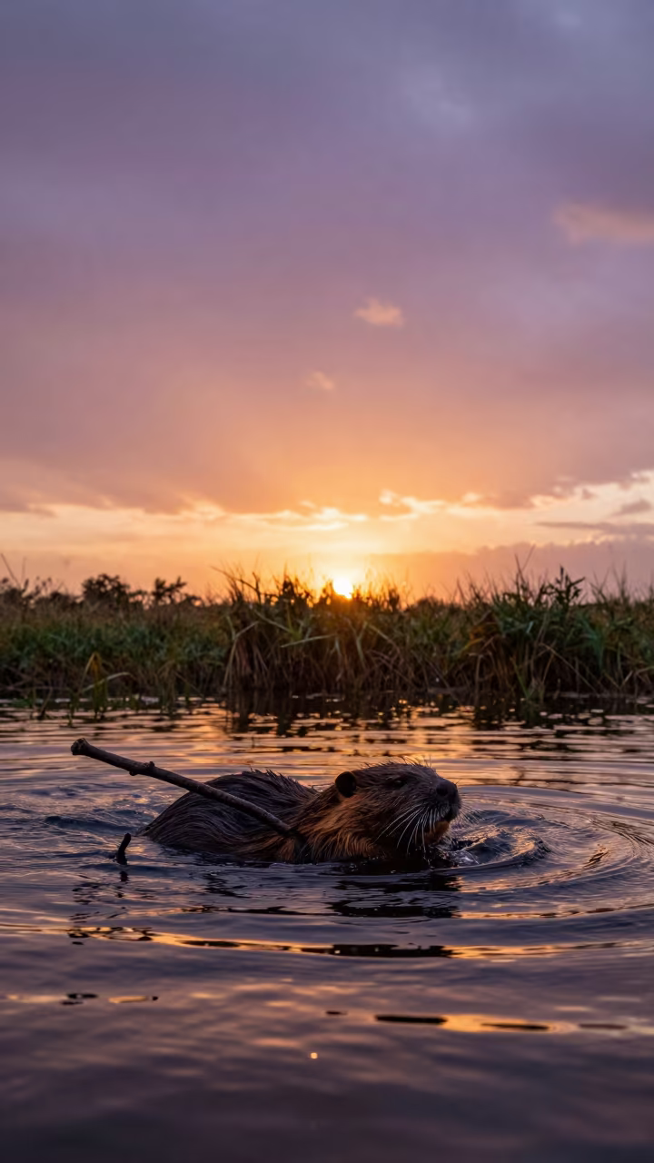 Silhouetted Beaver Swimming Sunset Branch in near Valledupar