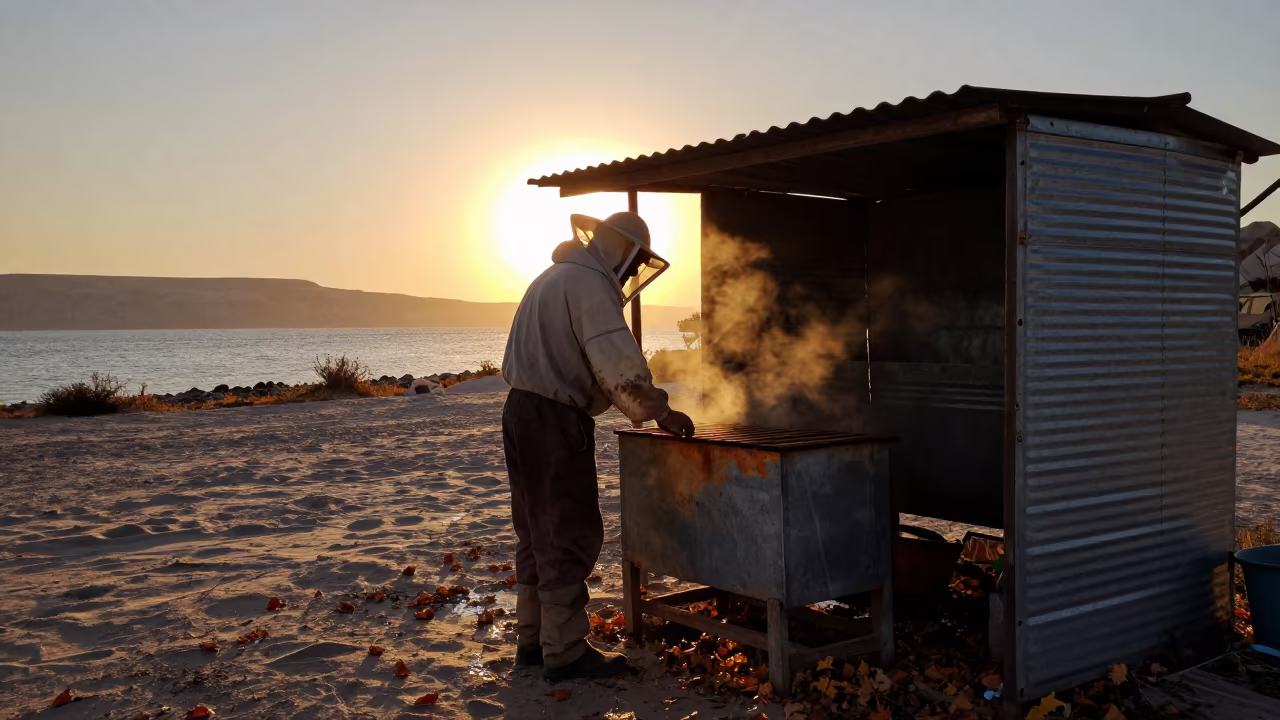 Silhouetted Beekeeper Autumn Beach Workshop in along a beach near Cappadocia