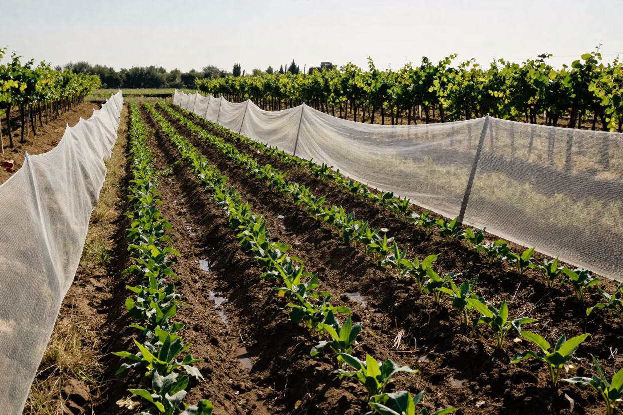 Silhouetted Beet Seedlings Under Bird Net in Vineyard in between vineyard trellises near Hohhot