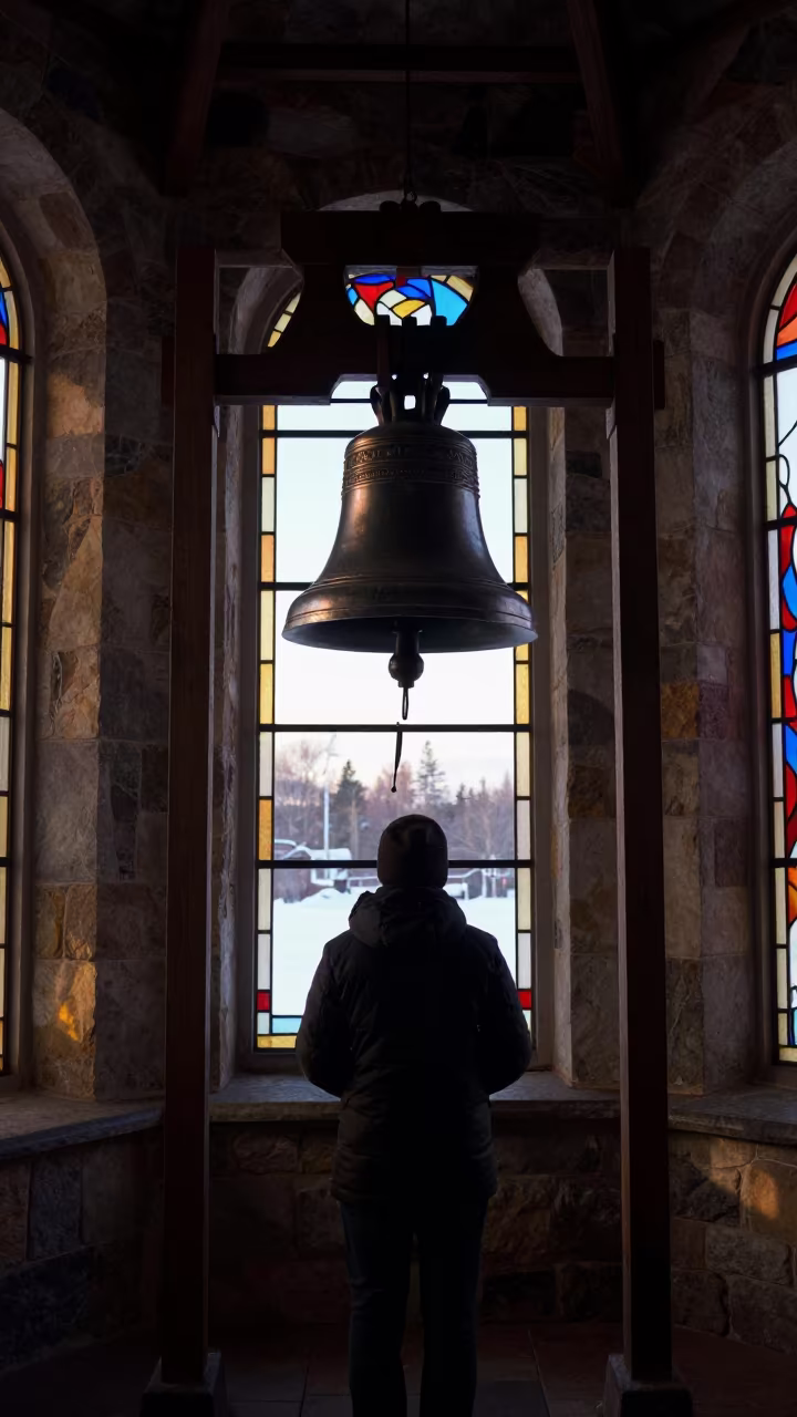 Silhouetted Bell Ringer in Murmansk Chapel in inside a stone chapel in Murmansk