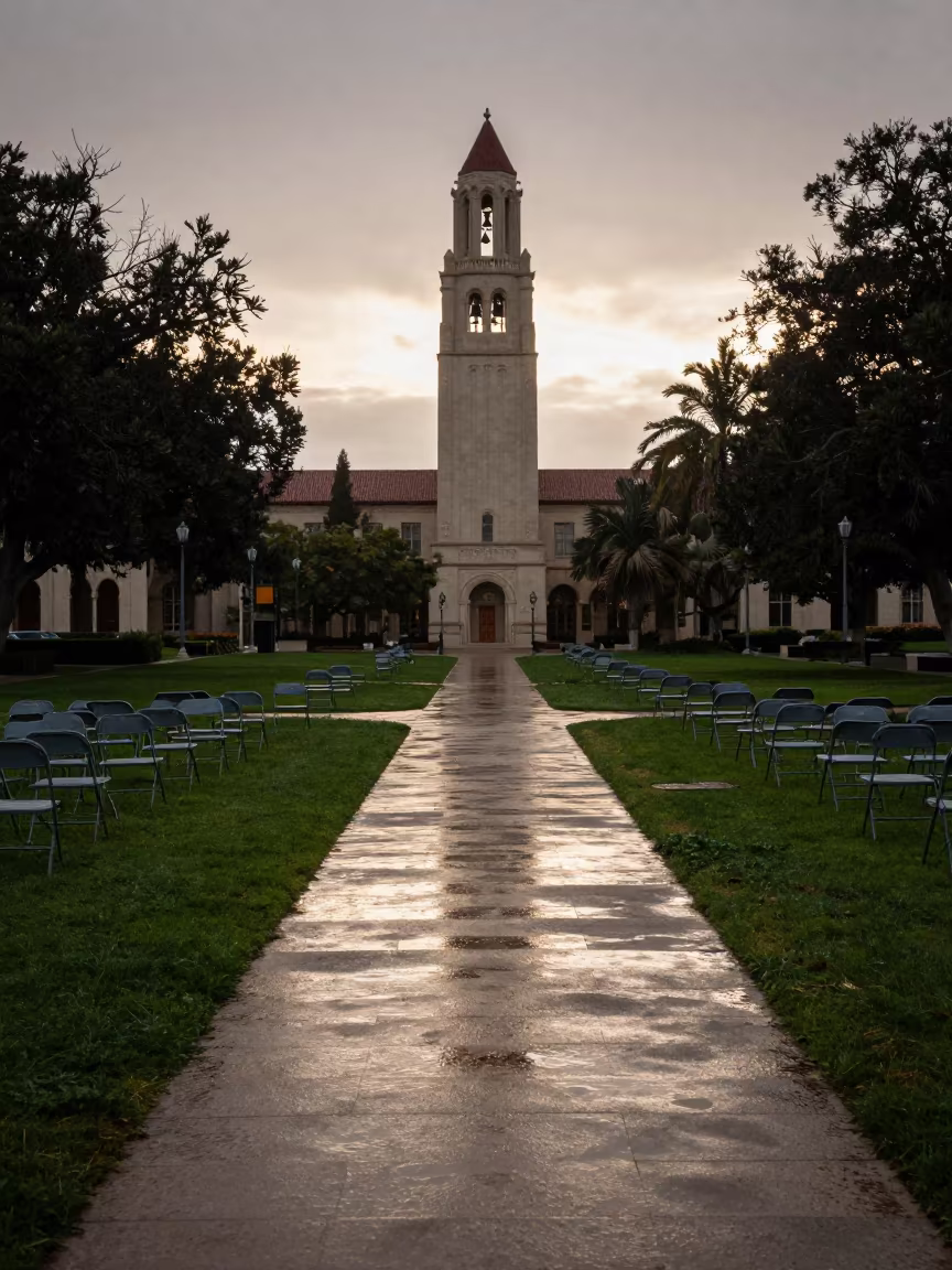 Silhouetted Bell Tower Over Rain-Dark Graduation Lawn in on a graduation lawn under folding chairs in Cali