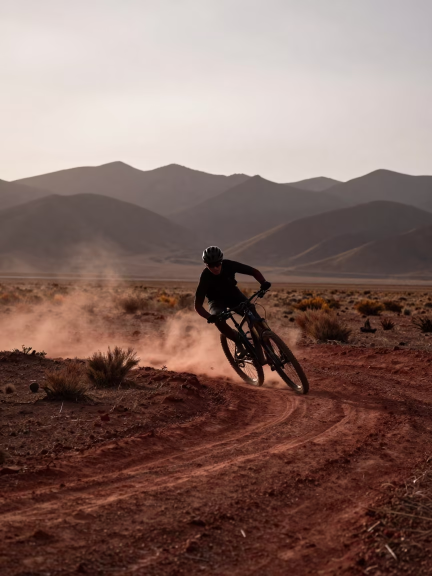 Silhouetted Biker in Lhasa Autumn Dust in at a roadside stop near Lhasa
