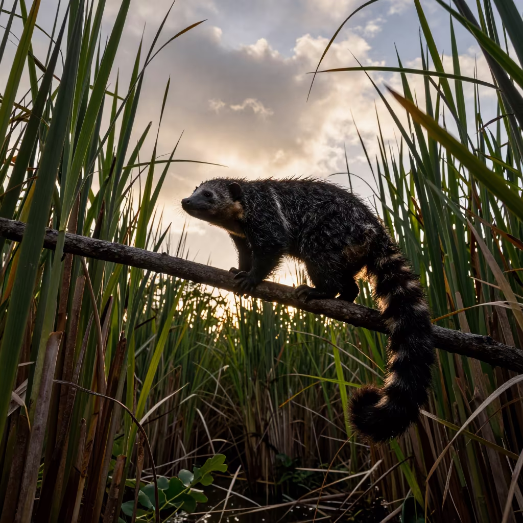 Silhouetted Binturong on Branch Near Honolulu Reed Bed in at the edge of a reed bed near Honolulu