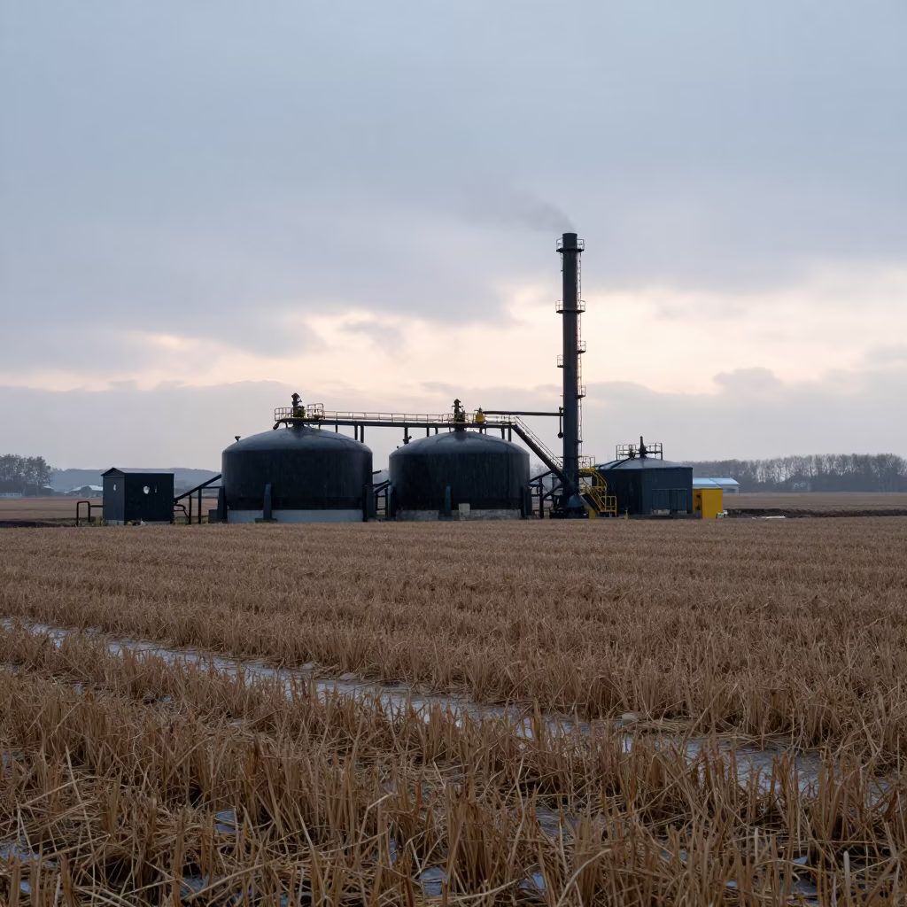 Silhouetted Biogas Plant in Winter Rain Tohoku in across a harvested grain field in Tohoku