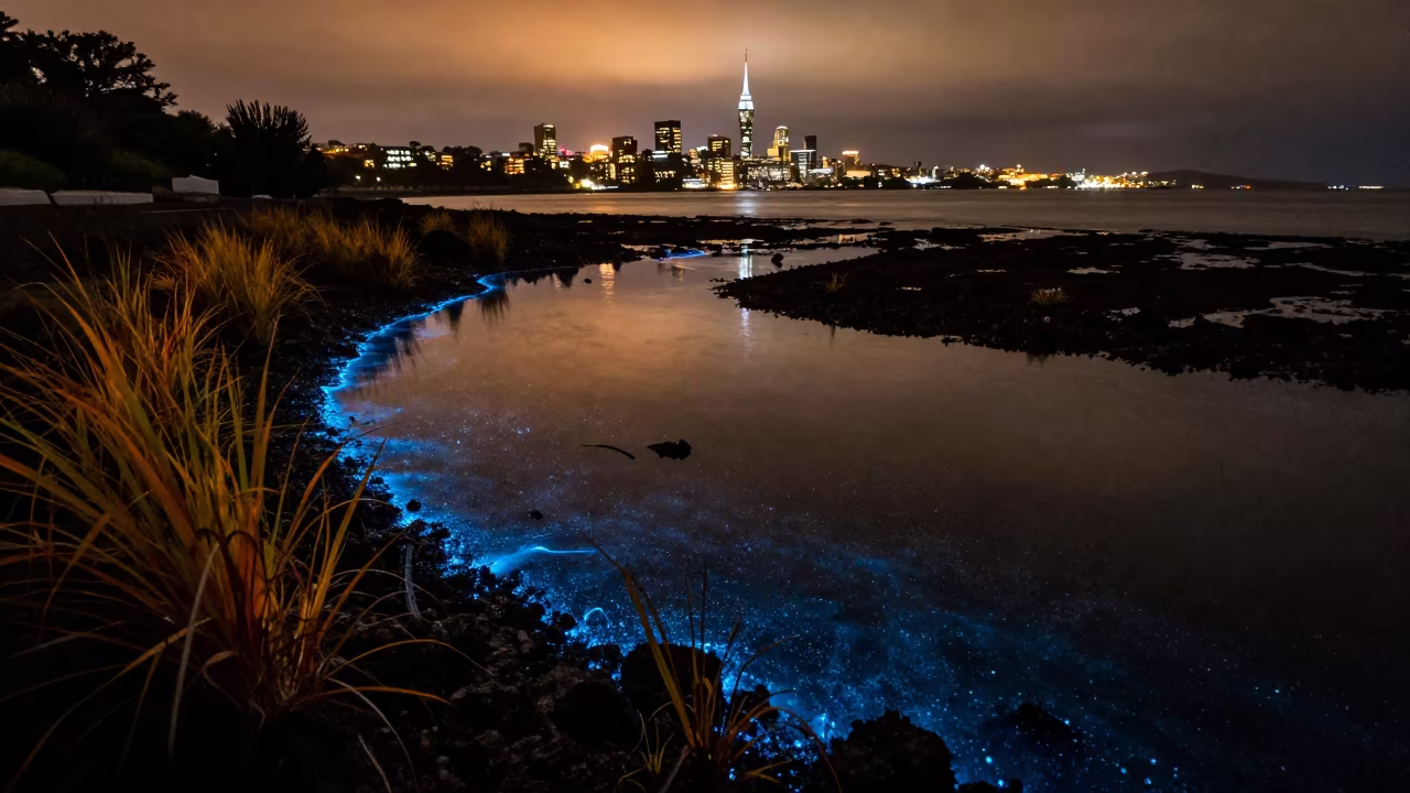 Silhouetted Bioluminescence in Auckland Tide Pool in along a seagrass channel near the coast near Wynyard Quarter, Auckland