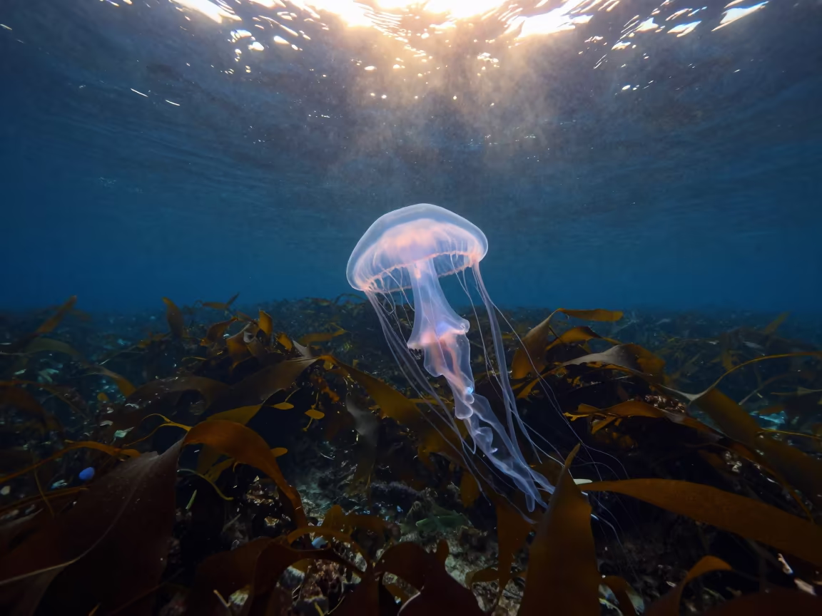 Silhouetted Bioluminescent Jellyfish Sicily Kelp in along a kelp-fringed shelf in Sicily