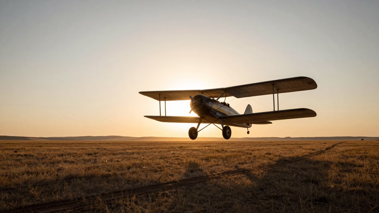 Silhouetted Biplane Over Mongolian Steppe in in Mongolia