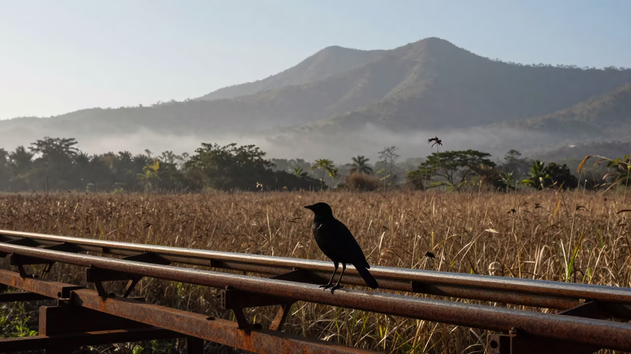 Silhouetted Bird on Rusting Roller Coaster in Panama in at the edge of a reed bed in Panama