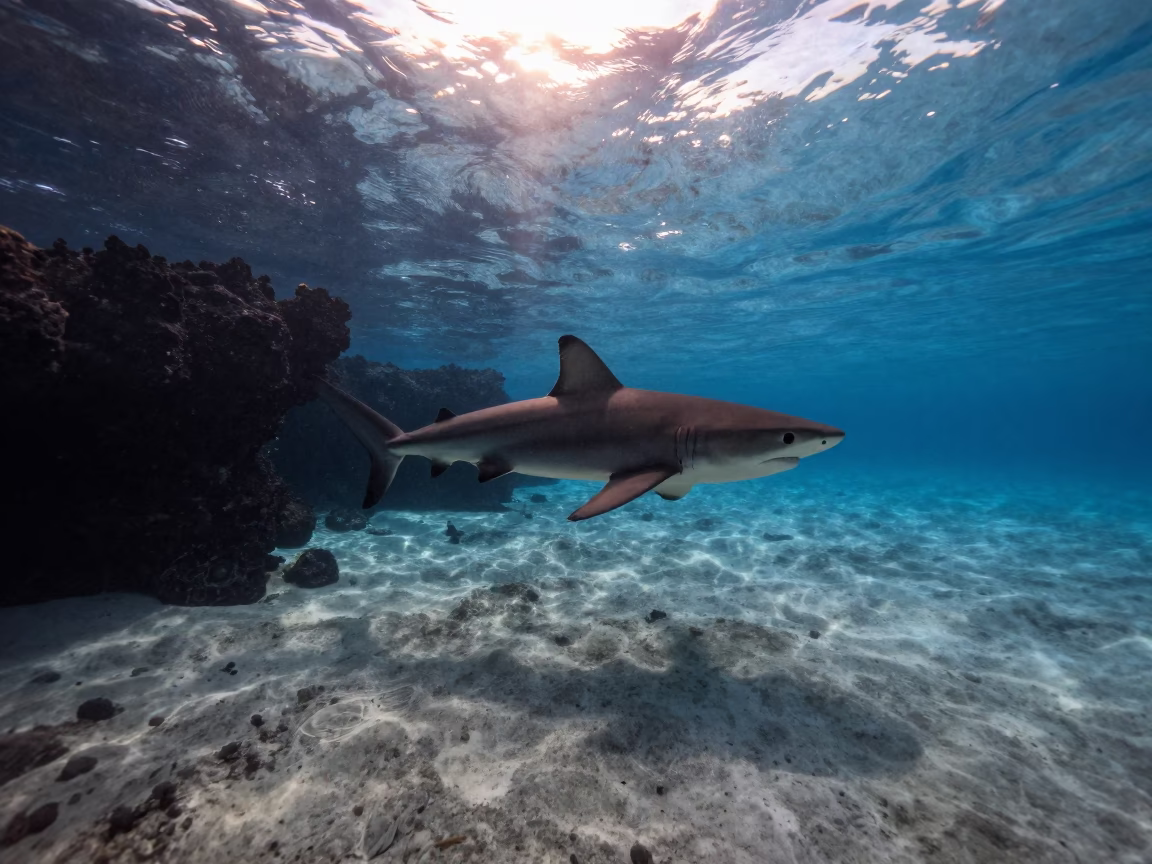 Silhouetted Blacktip Shark Belize Reef Sunset in beside a volcanic reef overhang near Belize City