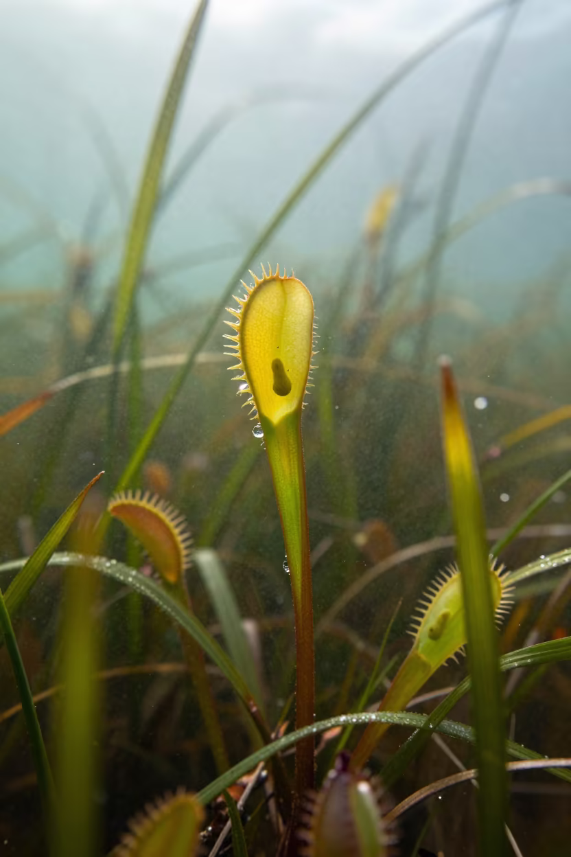 Silhouetted Bladderwort Traps in Portuguese Seagrass in above a seagrass meadow in Portugal