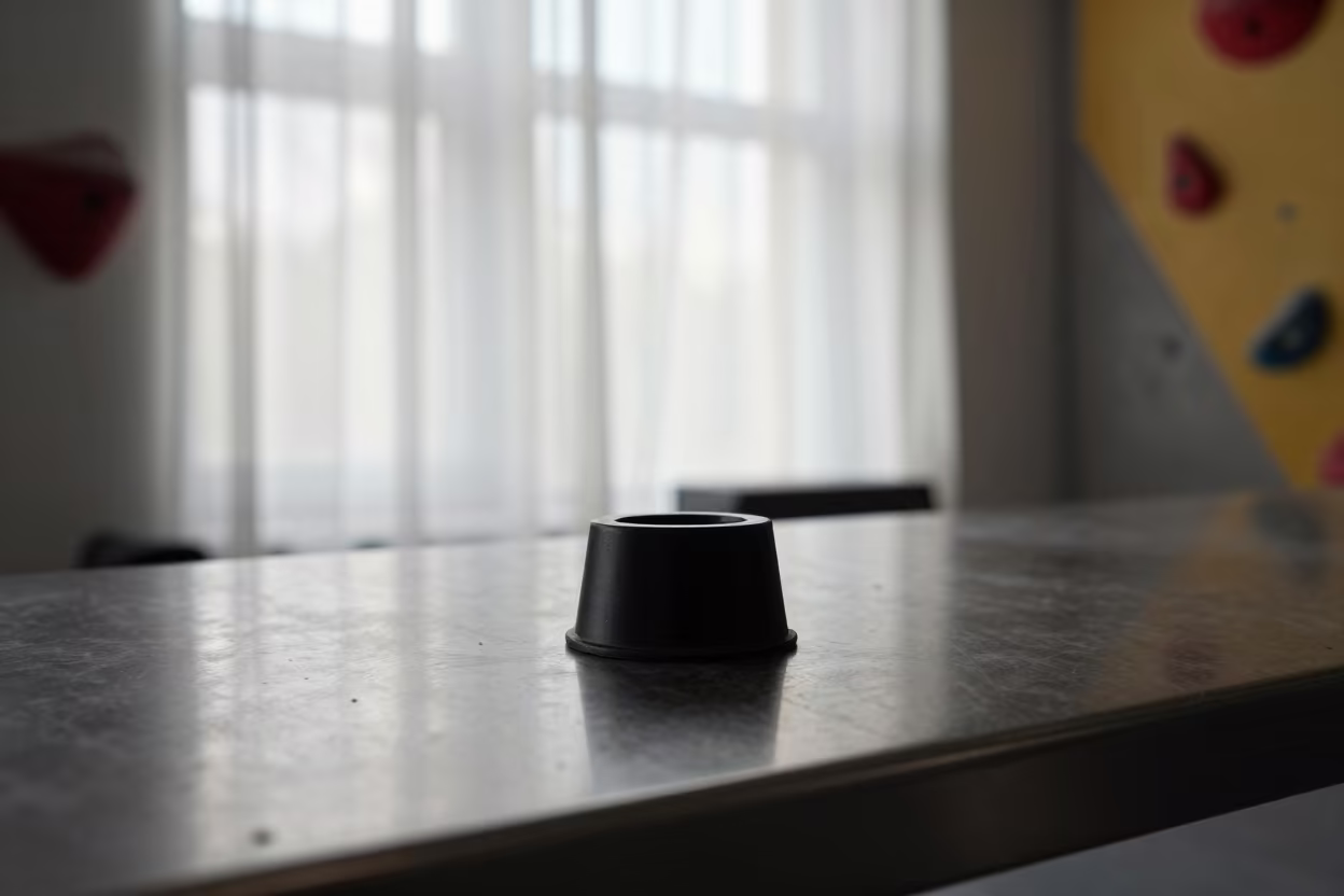 Silhouetted Blender Cup in Semey Climbing Gym in inside a climbing gym warmup zone in Semey