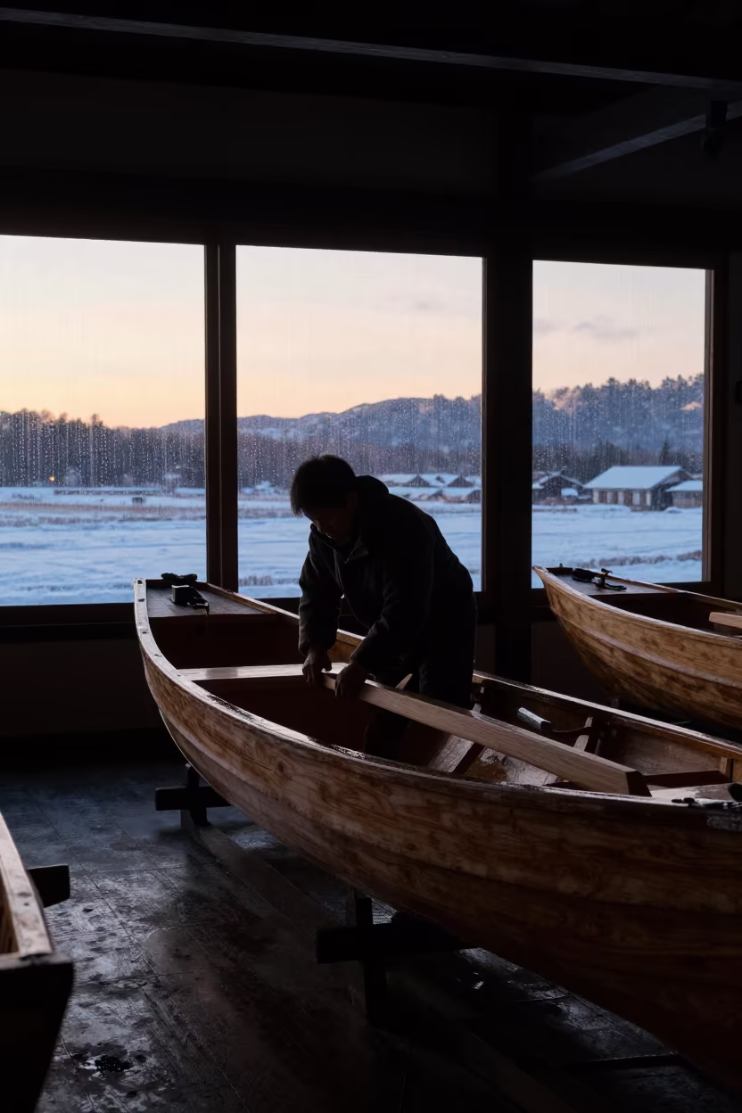 Silhouetted Boat Builder Shaping Hull in Winter Hall in in a ceremonial hall in Kozan