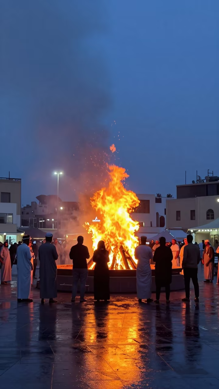 Silhouetted Bonfire at Jeddah Midsummer Festival in at a public square during a festival near Jeddah