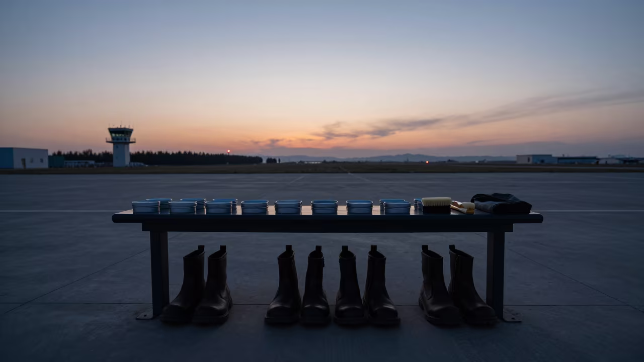 Silhouetted Boot Polish Bench on Airbase at Twilight in along an airbase flight line in Xinjiang