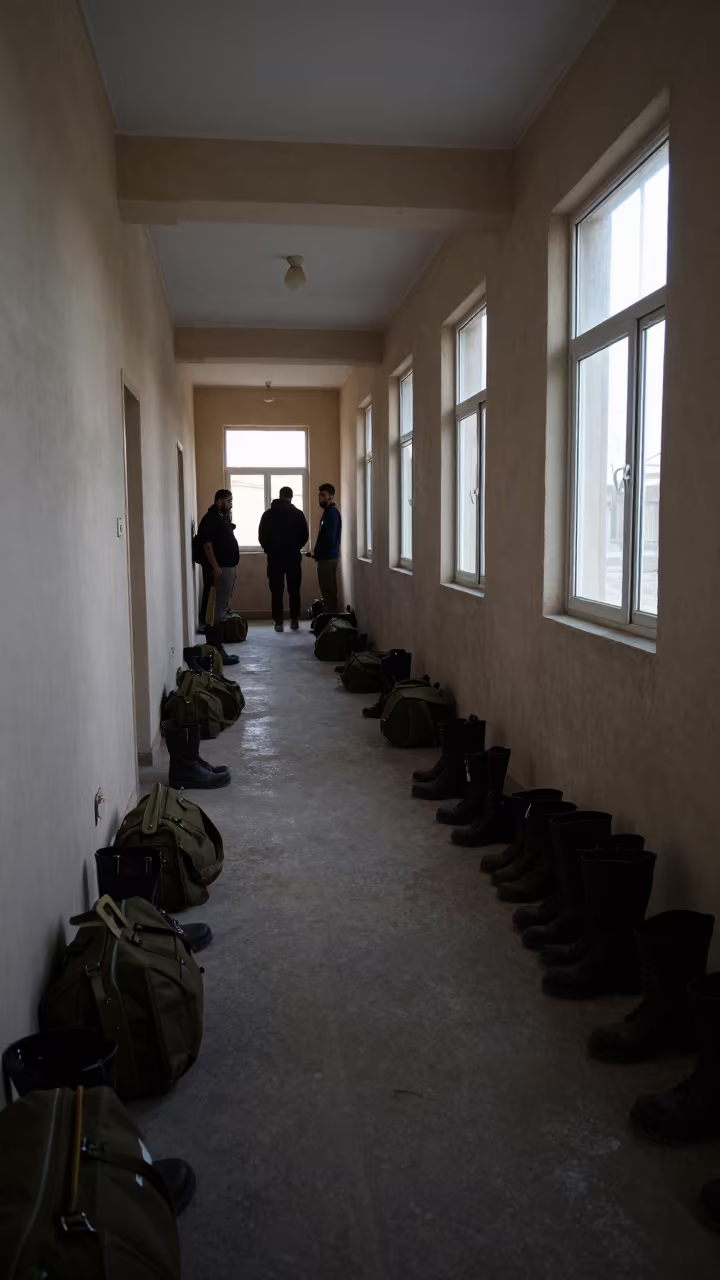 Silhouetted Boots and Duffel Bags in Faiyum Barracks in inside a briefing room near Faiyum