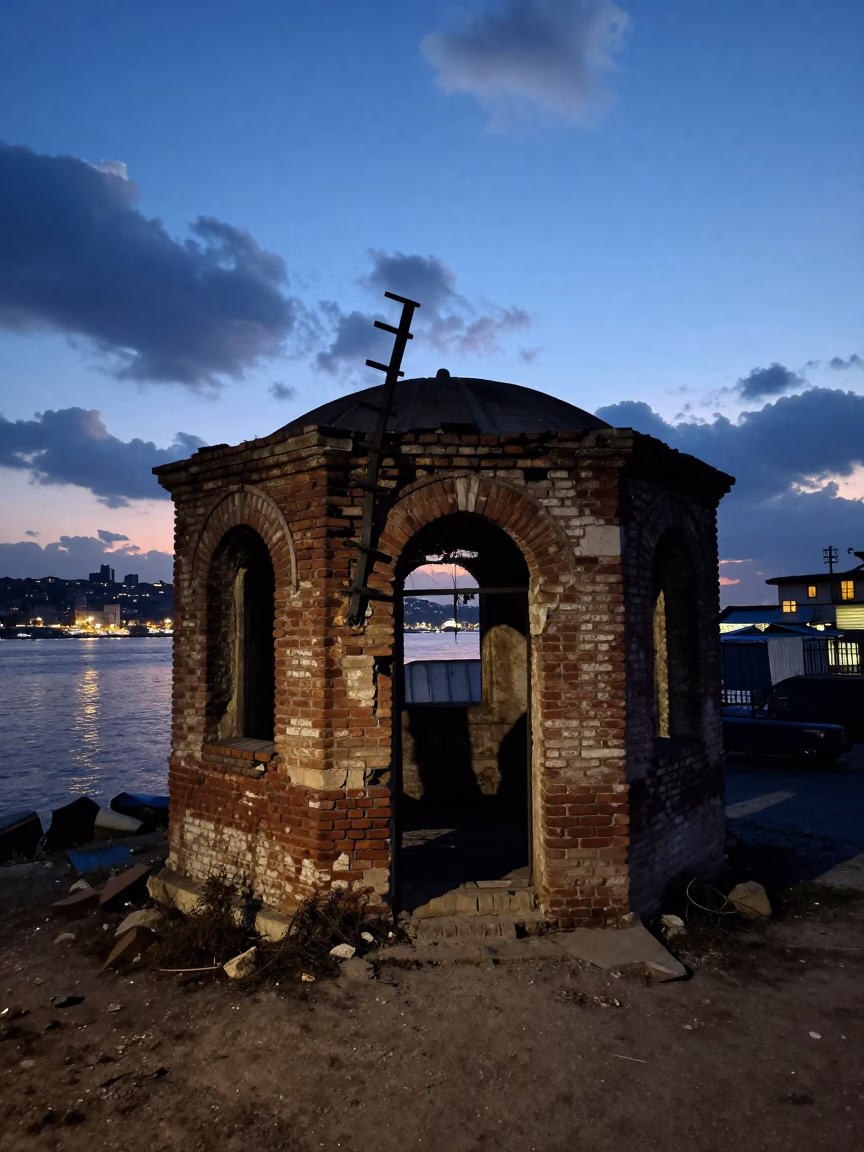 Silhouetted Border Checkpoint in Roofless Hammam Ruin in inside a roofless hammam near Karakoy, Istanbul