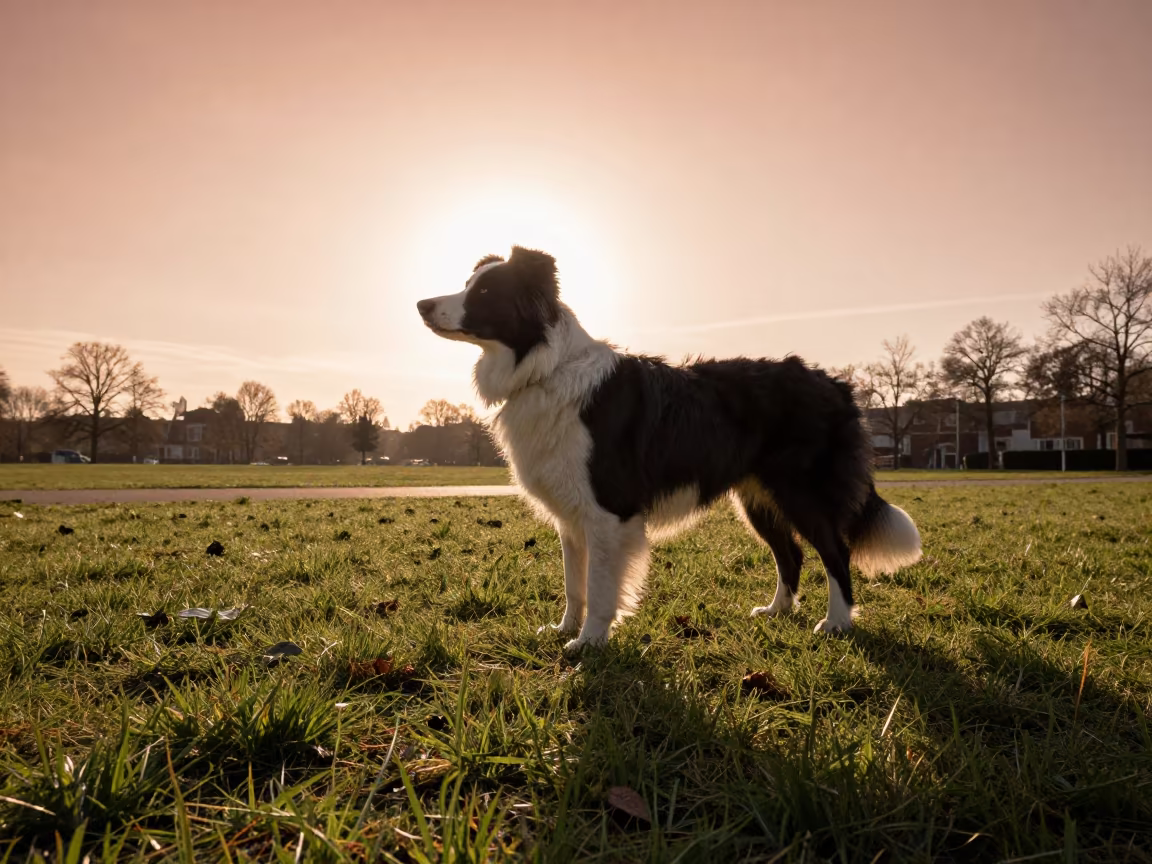 Silhouetted Border Collie in Breda Park at Dusk in along a quiet park path with soft open shade and a clean background in Breda