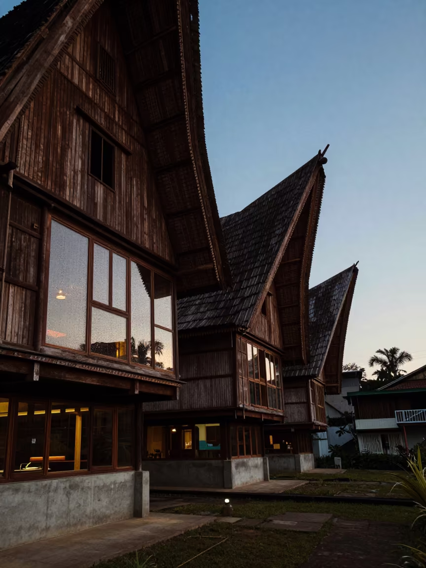 Silhouetted Borneo Longhouse in Ibagué Lobby in inside a ribbed concrete lobby in Ibagué