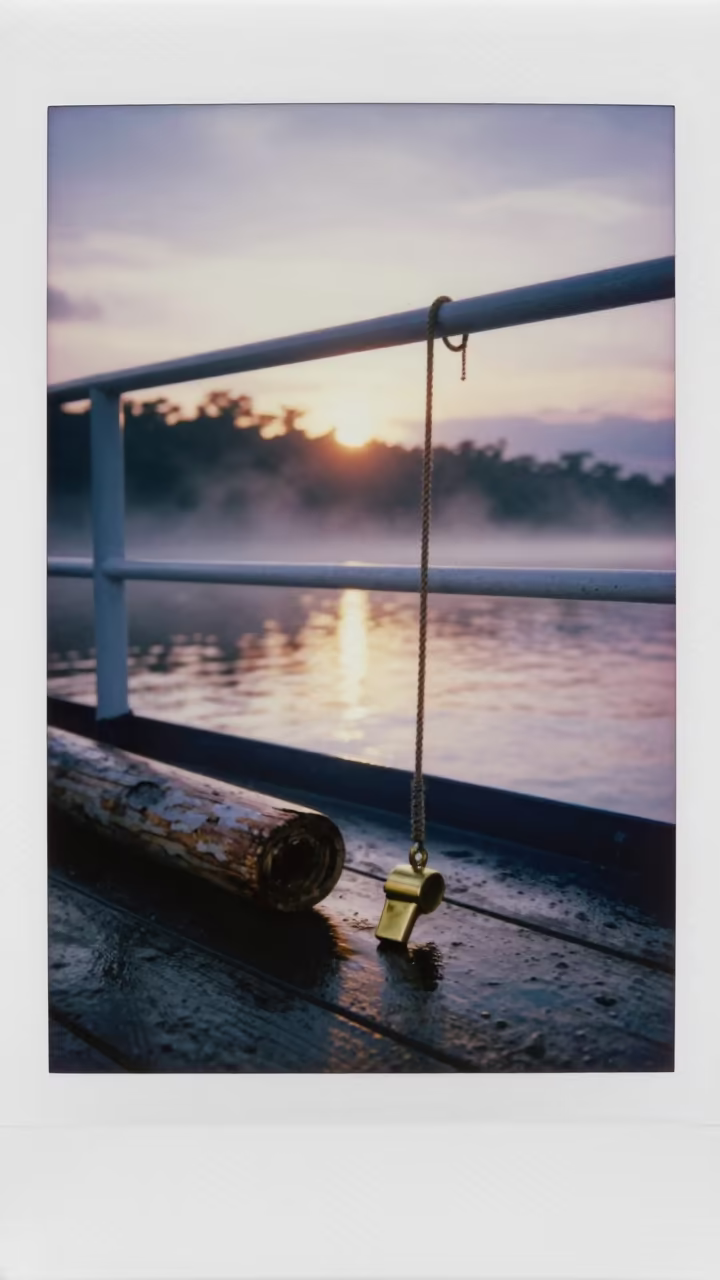 Silhouetted Bosun Whistle on Ferry Deck in across a remote ferry crossing in Costa Rica