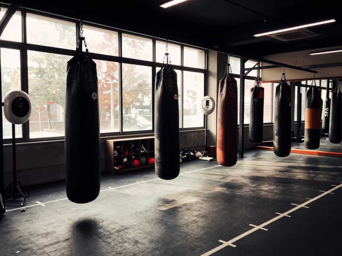 Silhouetted Boxing Gear in Gwangju Gym Morning Light in inside a spin studio under class lights in Gwangju
