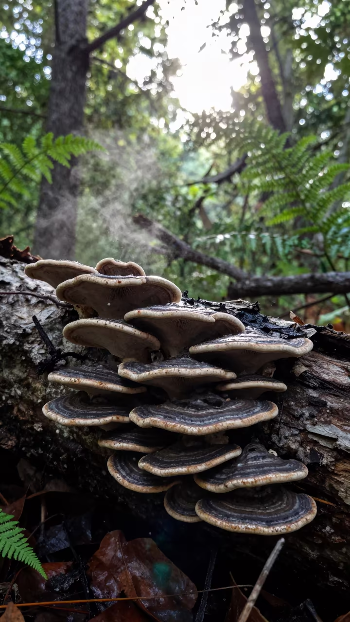 Silhouetted Bracket Fungus on Fallen Oak in Valencia in on a fern-lined forest floor near Valencia