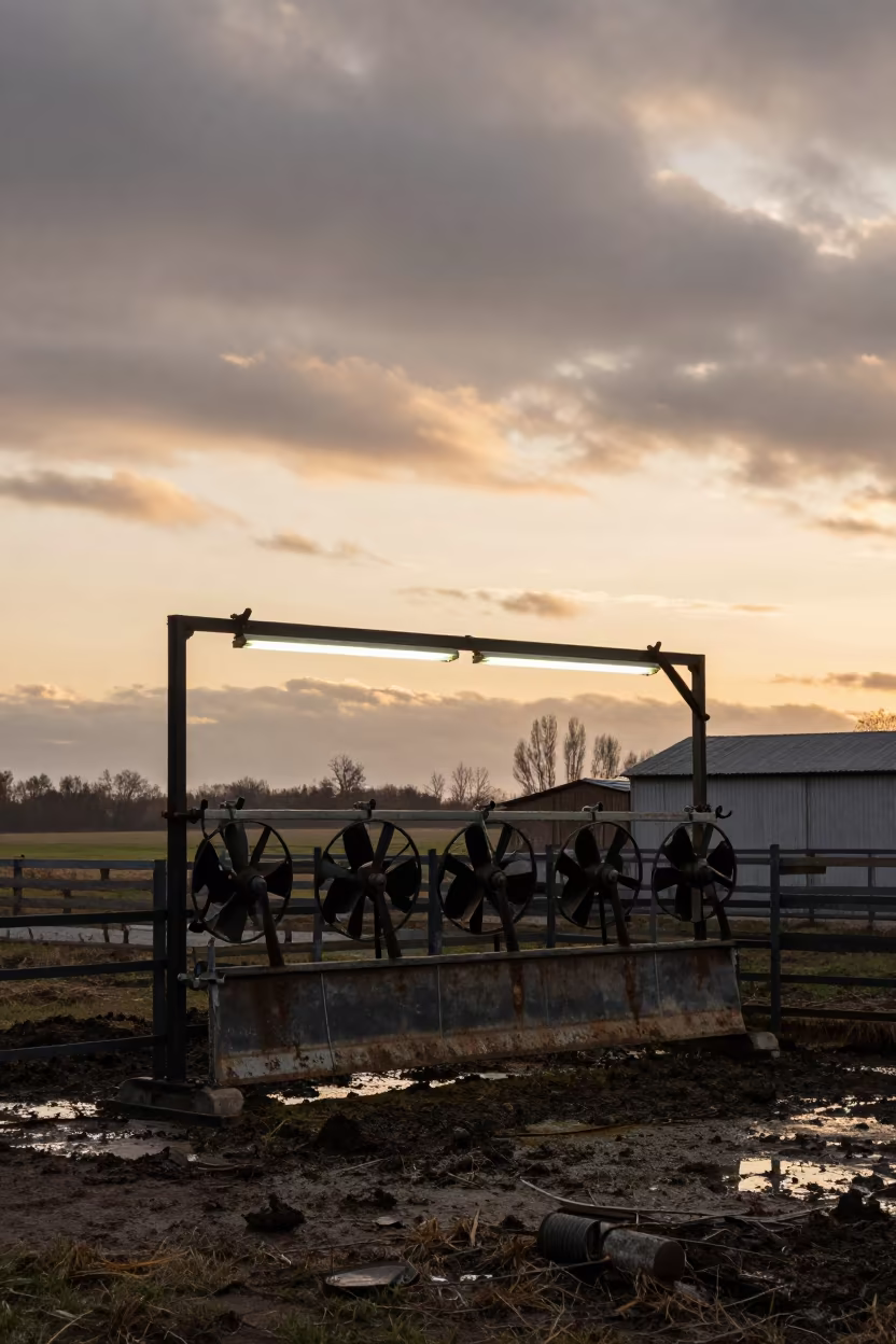 Silhouetted Branding Chute in Belarus Winter Field in along a muddy paddock fence in Belarus