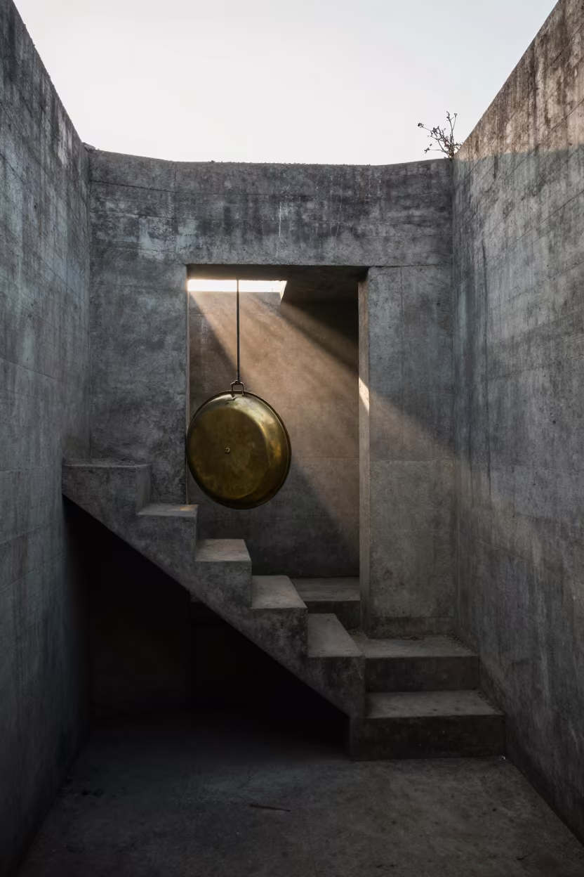 Silhouetted Brass Catch Pan in Hue Bunker Stairwell in inside a bunker stairwell near Hue