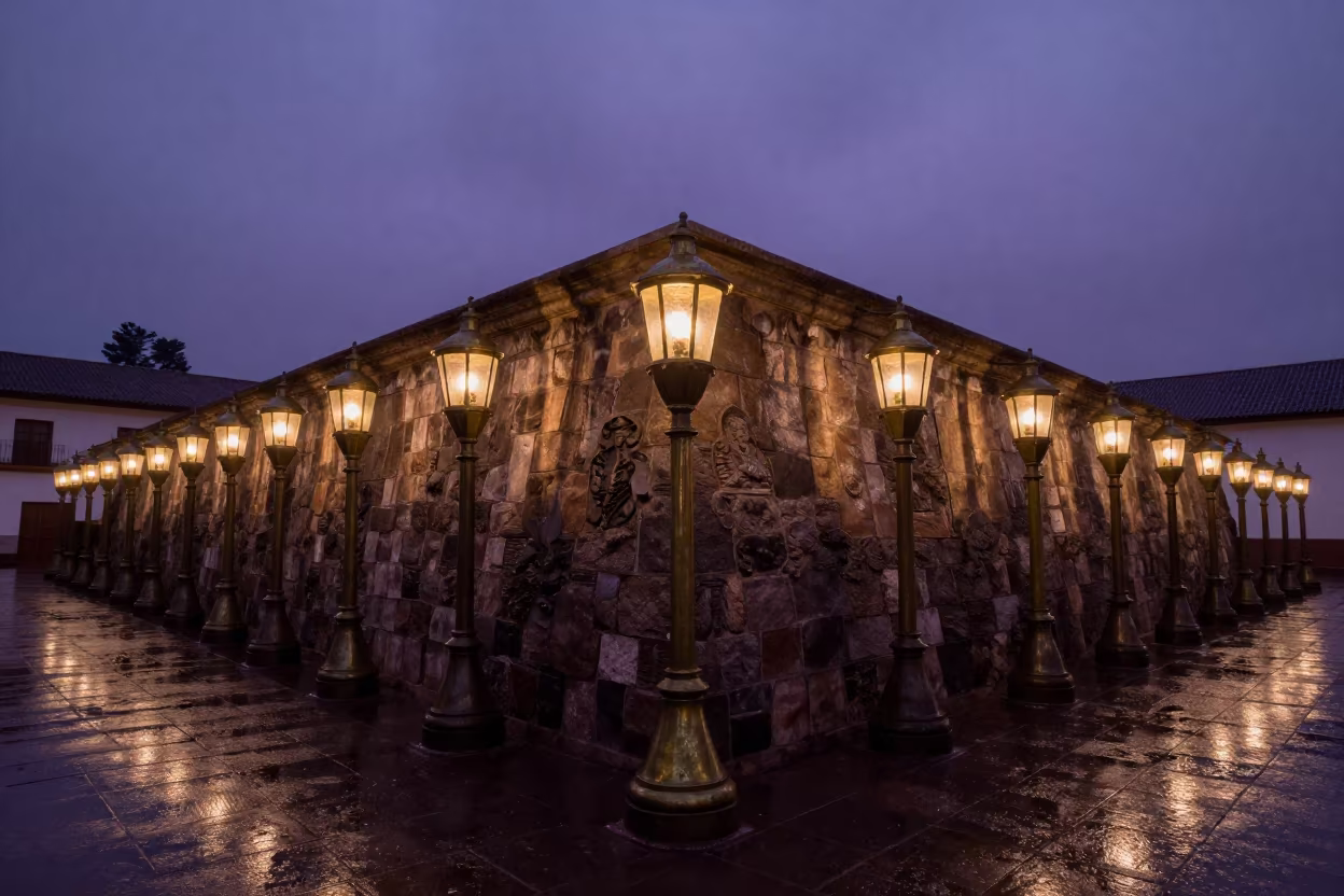 Silhouetted Brass Lantern on Shrine Wall at Twilight in in a shrine lined with lanterns near La Paz