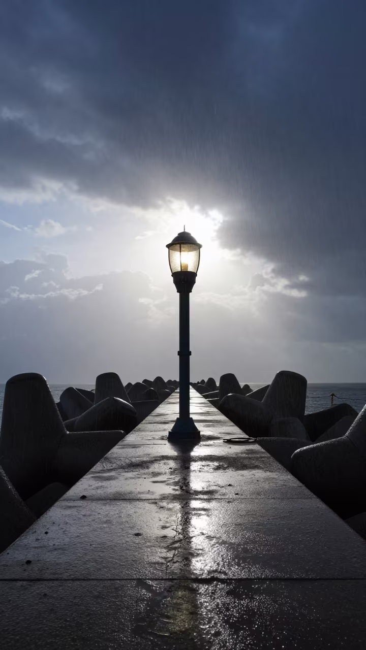 Silhouetted Breakwater Lantern Storm Clearing Qatar in along a dam spillway in Qatar