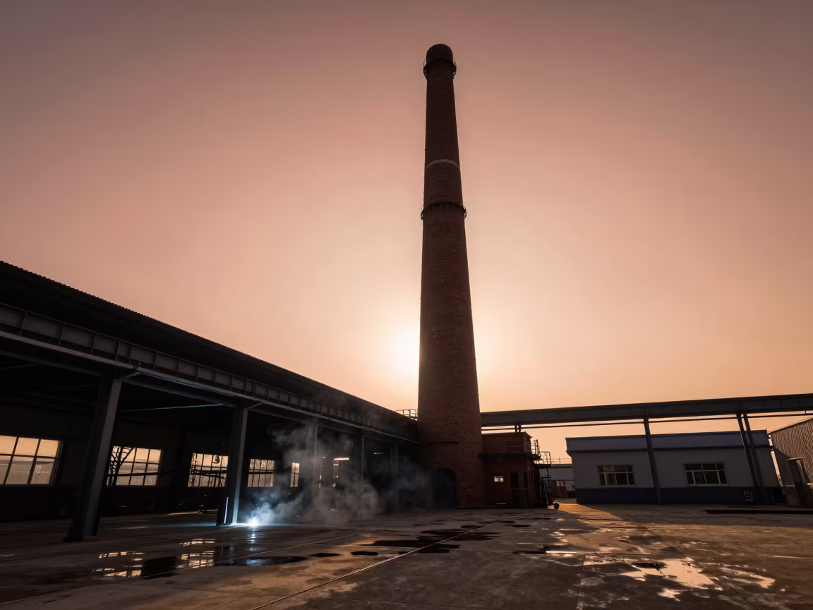 Silhouetted Brick Kiln Chimney in Welding Bay in in a welding bay near Xining