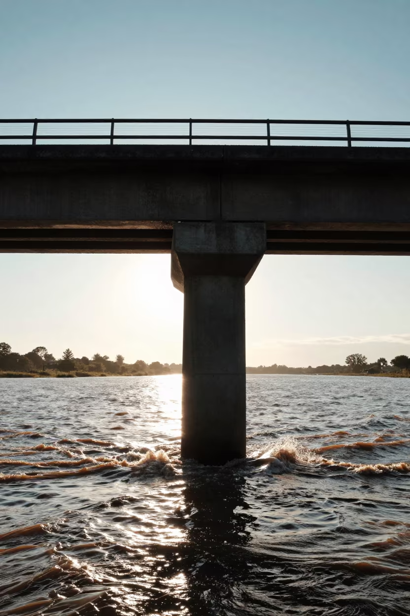 Silhouetted Bridge Pier in Muddy Floodwater at Sunset in along a bridge maintenance walkway near Comodoro Rivadavia