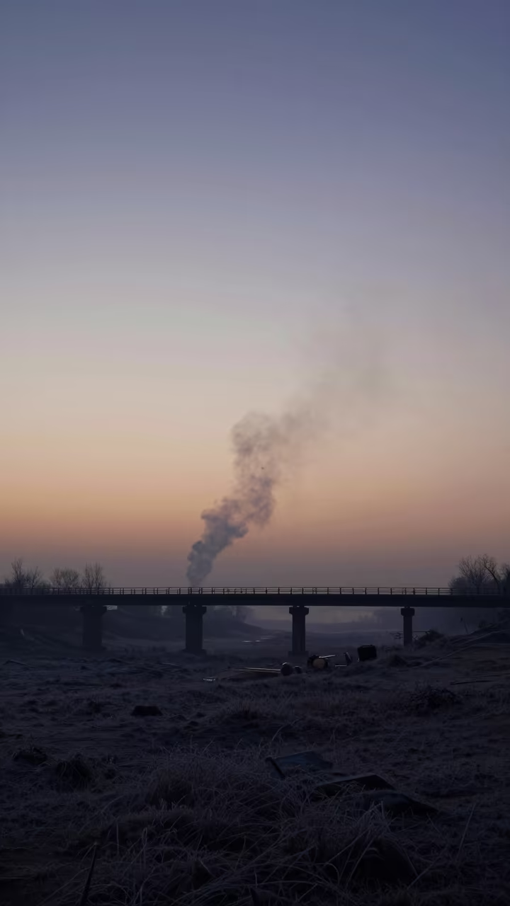 Silhouetted Bridge Smoke Misty Sunset Rawalpindi in from a frost-hushed ridgeline near Rawalpindi