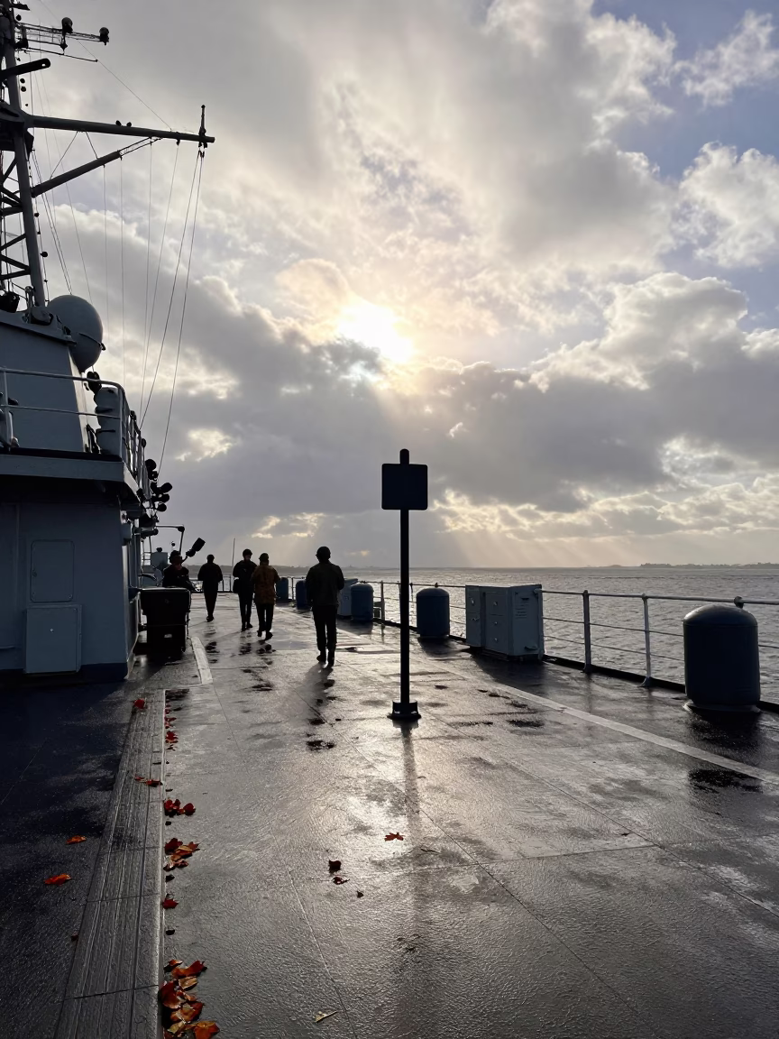 Silhouetted Briefing Stand on Naval Deck After Rain in on a naval deck in rough wind near Ghent