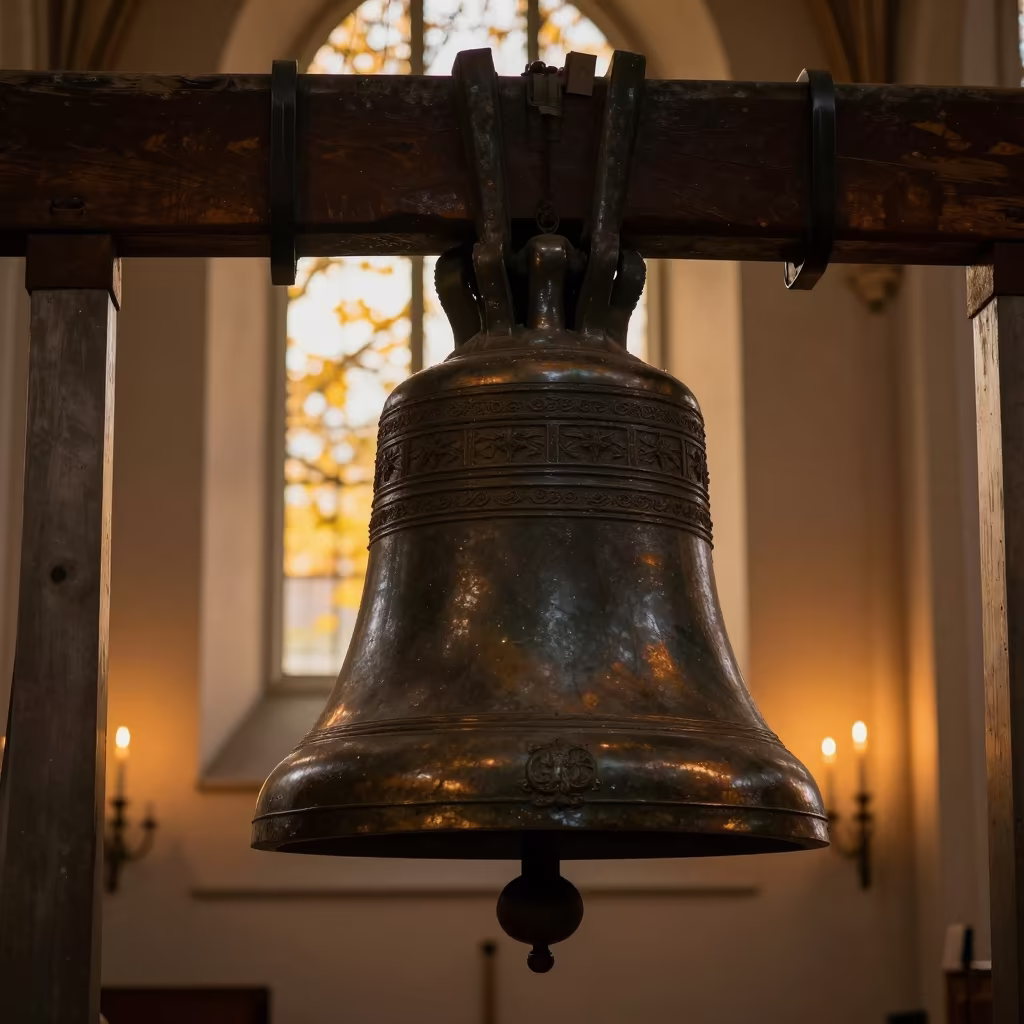 Silhouetted Bronze Bell in Haarlem Candlelit Nave in inside a candlelit nave in Haarlem