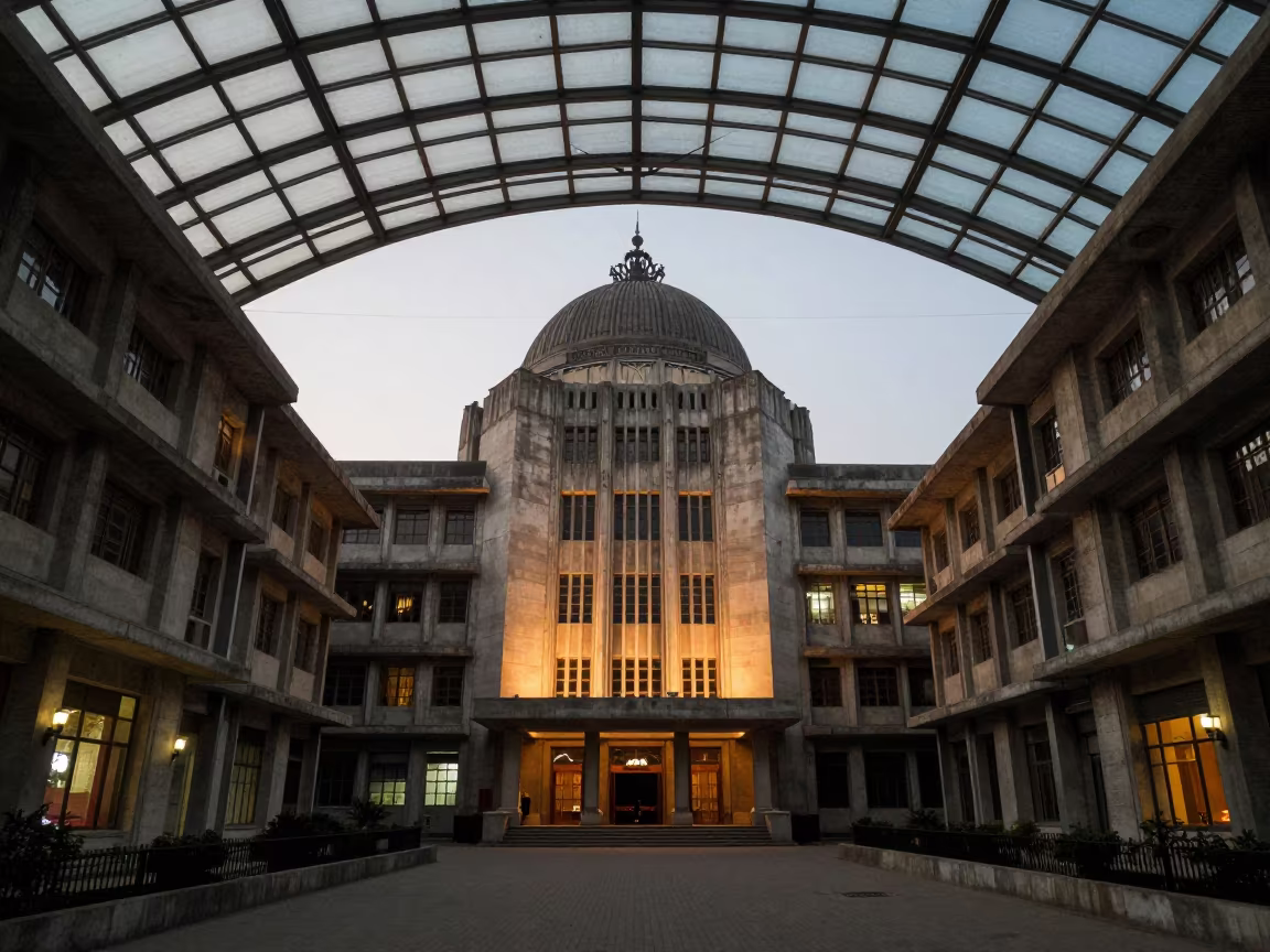 Silhouetted Brutalist Building in Glass Arcade in inside a glass-roofed arcade in Delhi