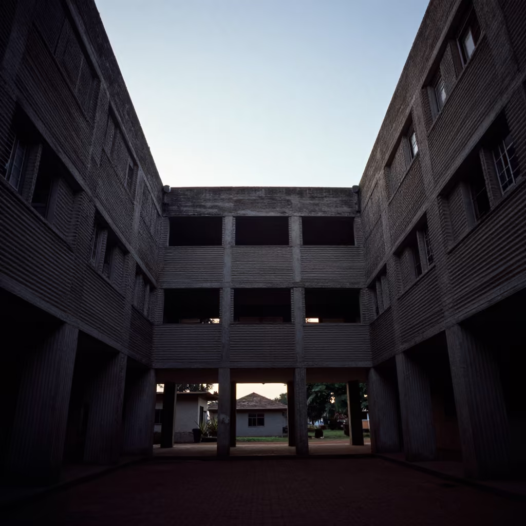 Silhouetted Brutalist Lobby in Kenema Twilight in inside a ribbed concrete lobby in Kenema