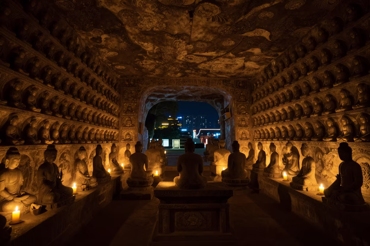 Silhouetted Buddhist Cave Temple Figures at Night in at the foot of a stone altar in Najaf