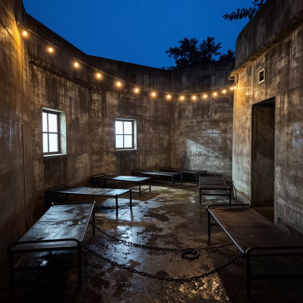 Silhouetted Bunk Row in Kochi Bunker Stairwell in inside a bunker stairwell near Kochi