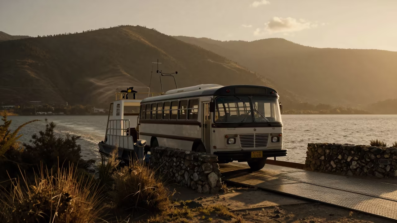 Silhouetted Bus on Peru Mountain Ferry Evening in across a remote ferry crossing in Peru
