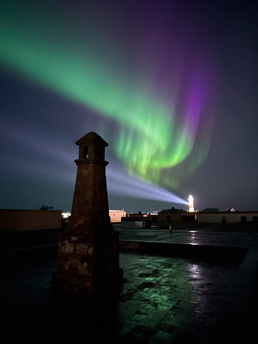 Silhouetted Cabin Chimney Under Northern Lights in near Marrakech