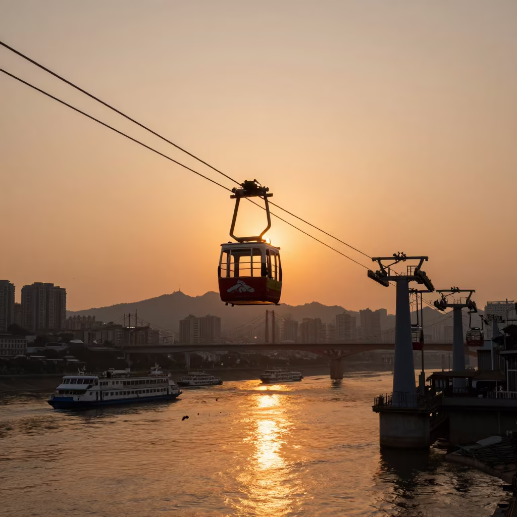 Silhouetted Cable Car Station Sunset Chongqing in across a remote ferry crossing near Chongqing