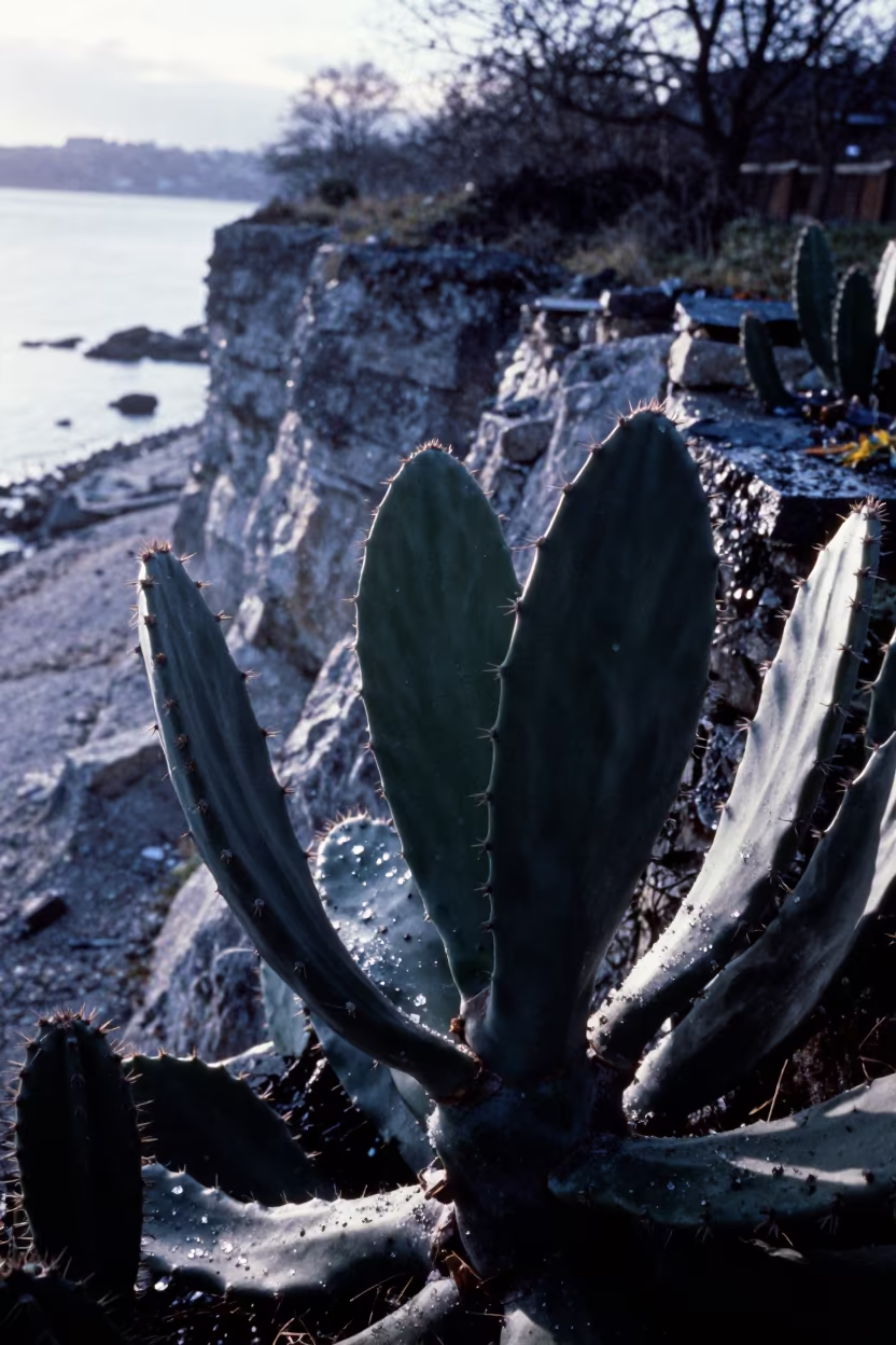 Silhouetted Cactus Leaf in London Winter Light in along a salt-sprayed cliff edge near Covent Garden, London