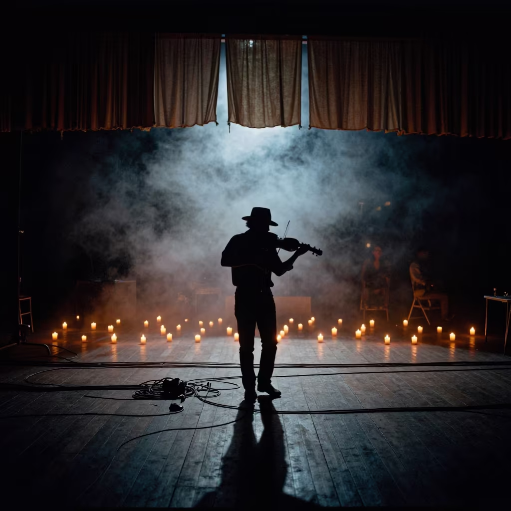 Silhouetted Cajun Fiddler in Burao Concert Hall in in a concert hall in Burao