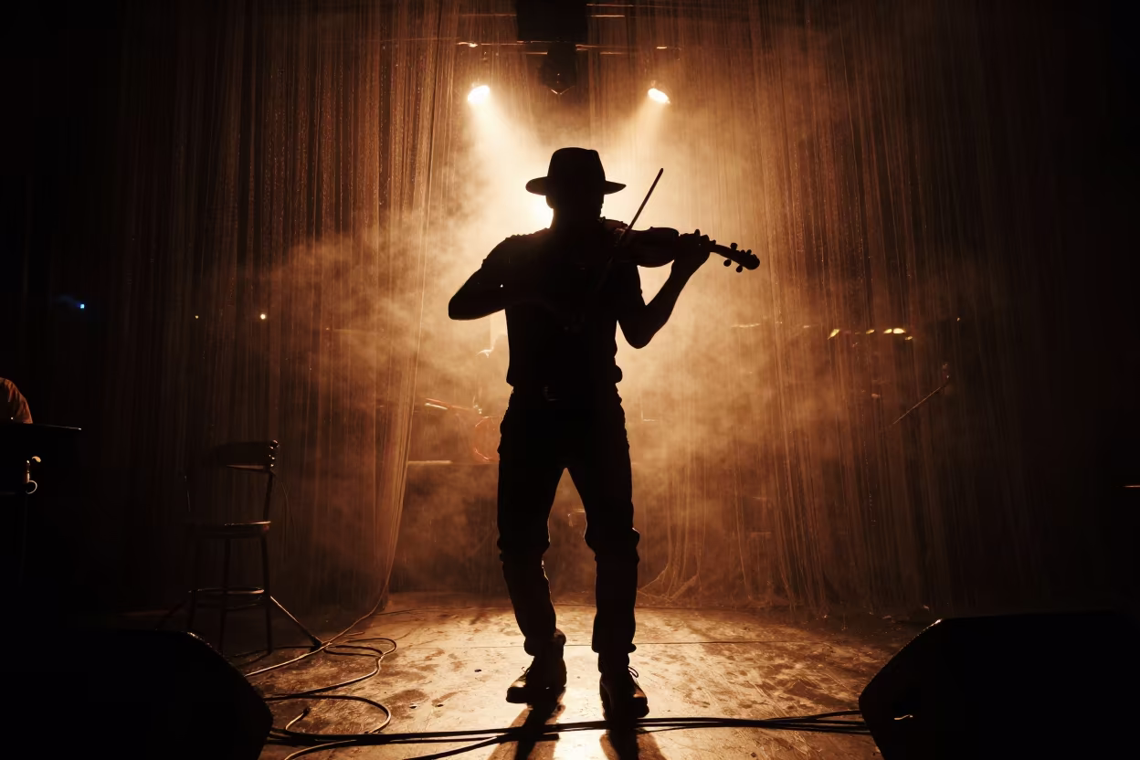 Silhouetted Cajun Fiddler in Lagos Jazz Club in at a jazz club in Lagos