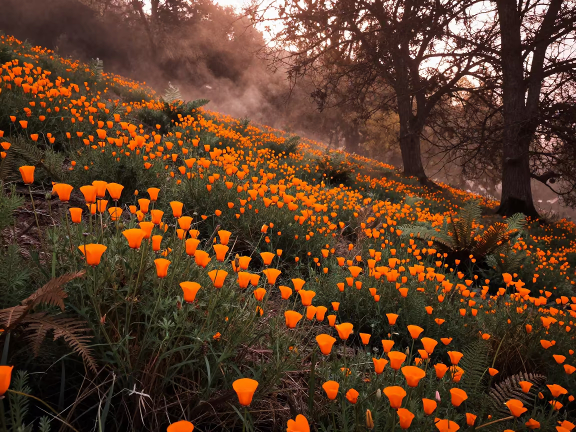 Silhouetted California Poppies in Autumn Hillside in on a fern-lined forest floor near Poznan