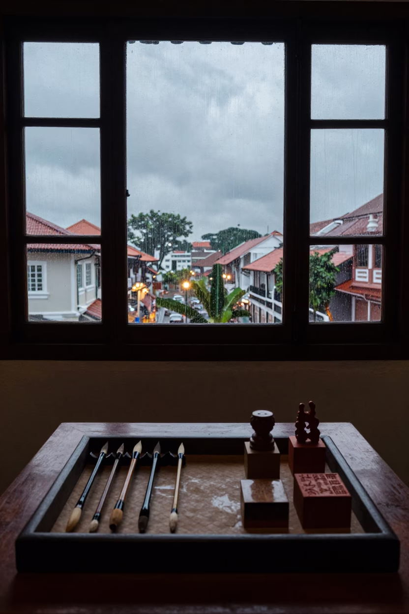 Silhouetted Calligraphy Brushes and Seals in Malacca Hall in in a ceremonial hall in Malacca