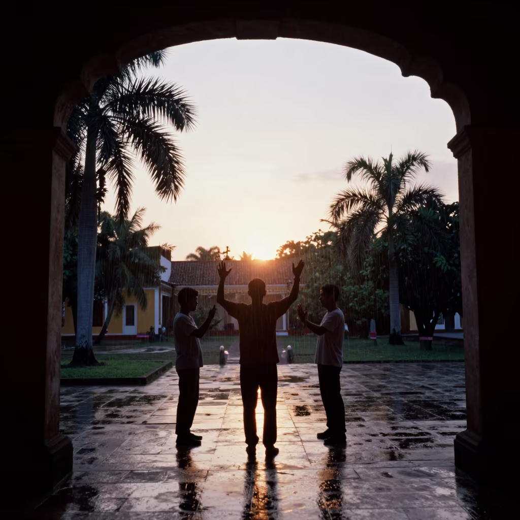 Silhouetted Calligraphy Demonstration in Holguin Temple in in a temple courtyard in Holguin