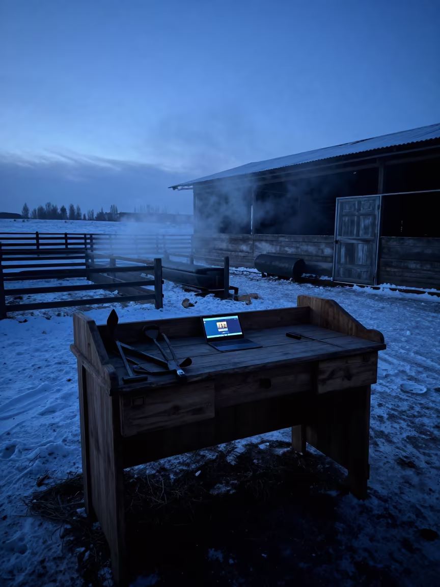 Silhouetted Calving Desk in Tajikistan Blue Hour in near a windbreak and water trough in Tajikistan
