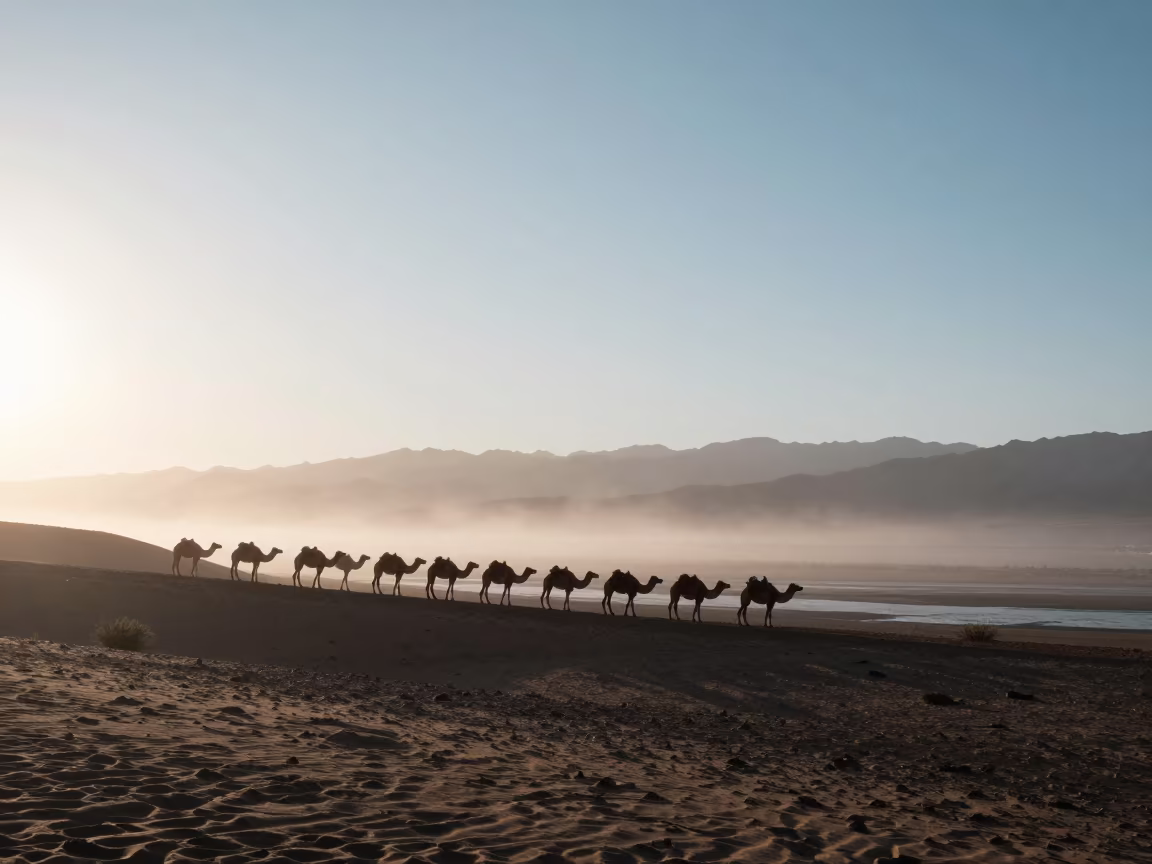 Silhouetted Camel Train Dawn Nevada Dune in beside a tidal inlet in Nevada